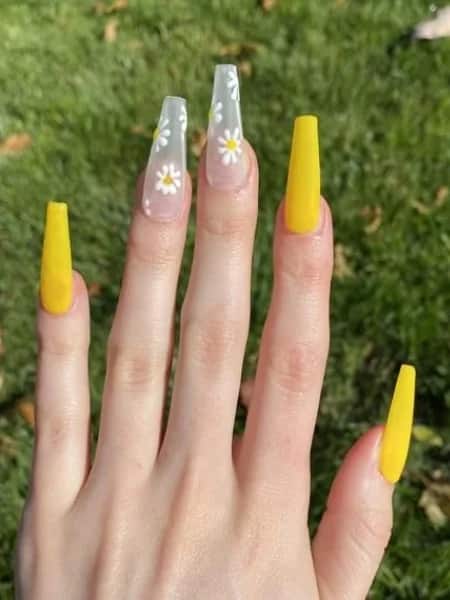 Diseño de uñas de margarita amarilla y blanca