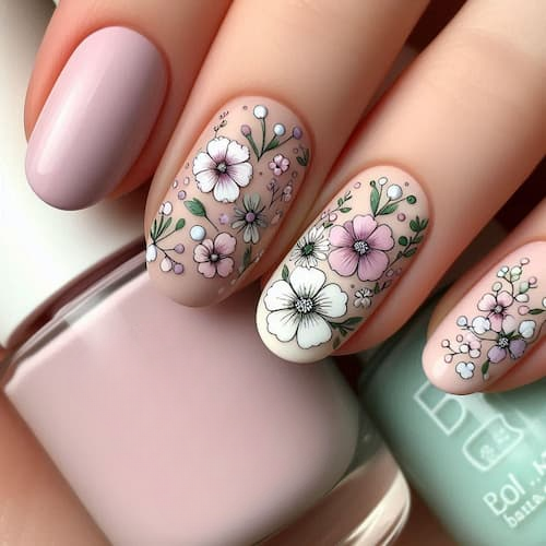 Uñas BB Cream con Flores de Colores Suaves