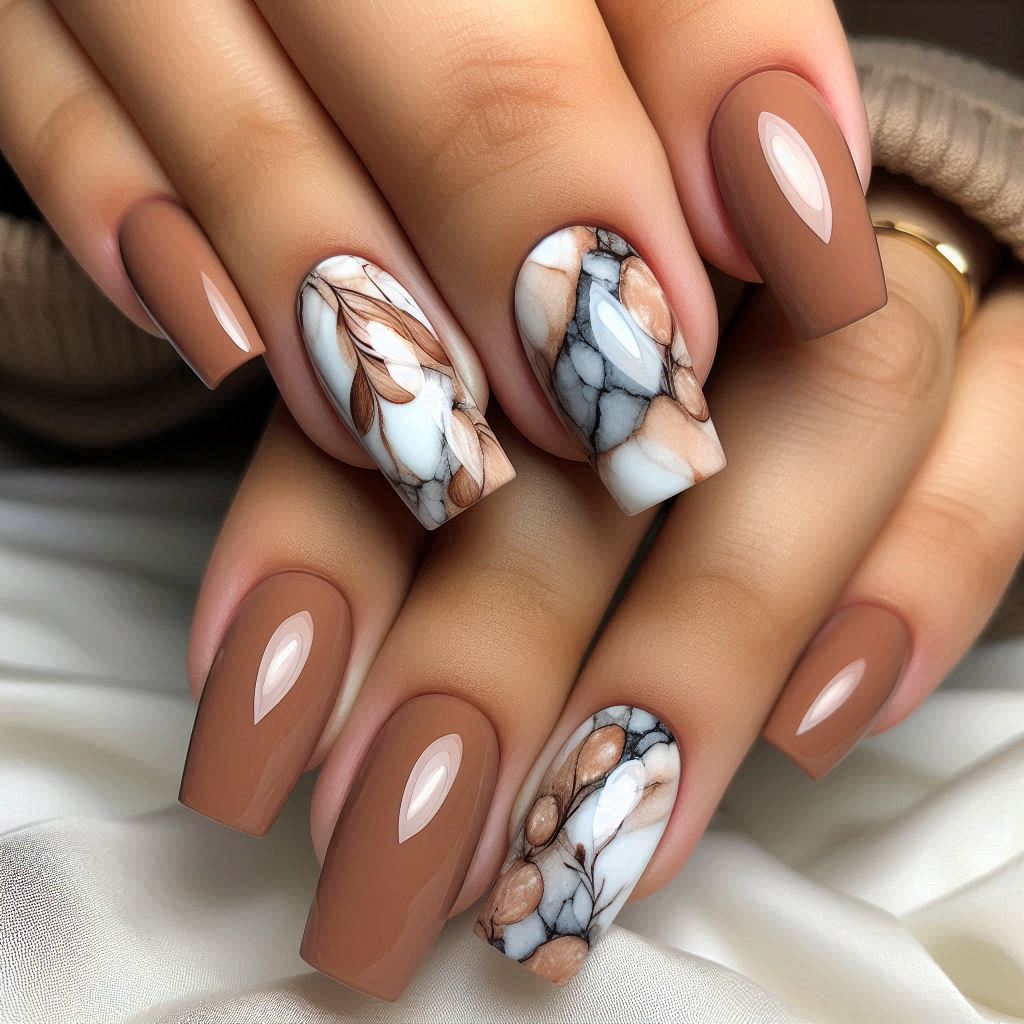 Uñas Toffee con Detalles de Mármol-3