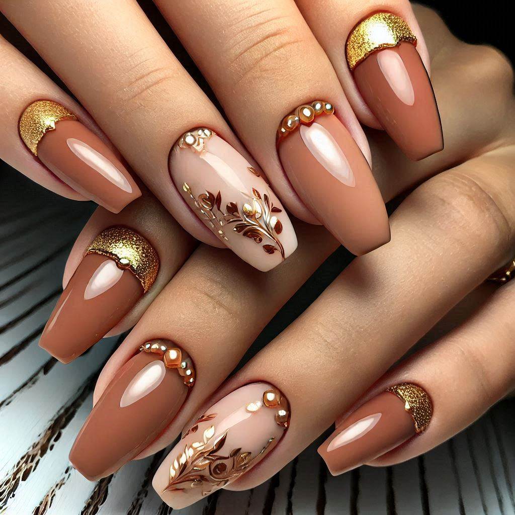 Uñas Toffee con Toques Dorados-1